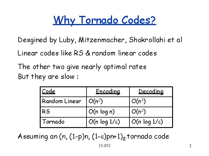 Why Tornado Codes? Desgined by Luby, Mitzenmacher, Shokrollahi et al Linear codes like RS