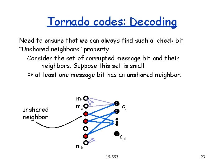 Tornado codes: Decoding Need to ensure that we can always find such a check