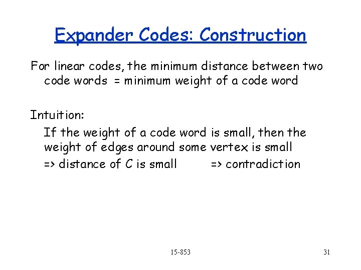 Expander Codes: Construction For linear codes, the minimum distance between two code words =