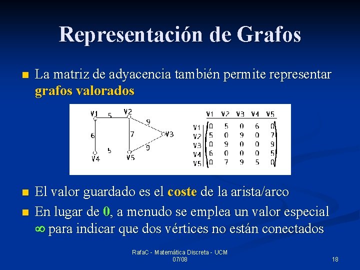 Representación de Grafos n La matriz de adyacencia también permite representar grafos valorados n