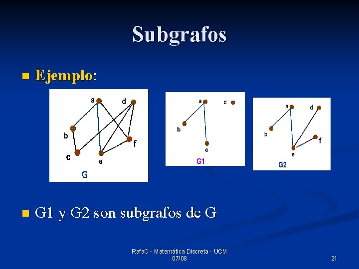 Subgrafos n Ejemplo: n G 1 y G 2 son subgrafos de G Rafa.