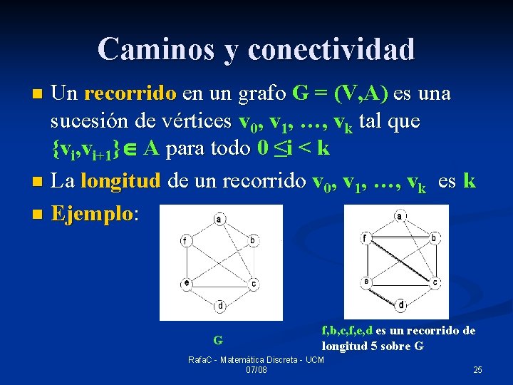 Caminos y conectividad Un recorrido en un grafo G = (V, A) es una