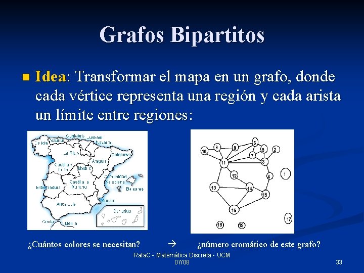 Grafos Bipartitos n Idea: Transformar el mapa en un grafo, donde cada vértice representa