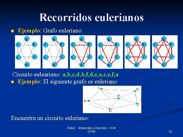 Recorridos eulerianos n Ejemplo: Grafo euleriano. Circuito euleariano: a, b, c, d, b, f,