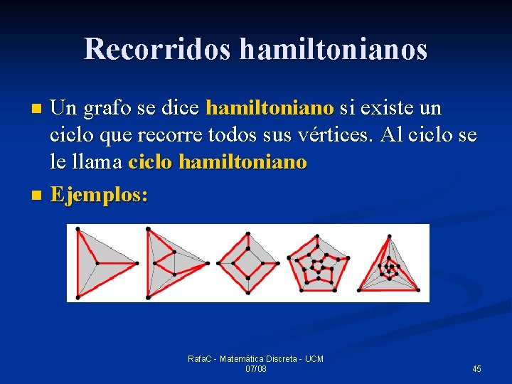 Recorridos hamiltonianos Un grafo se dice hamiltoniano si existe un ciclo que recorre todos