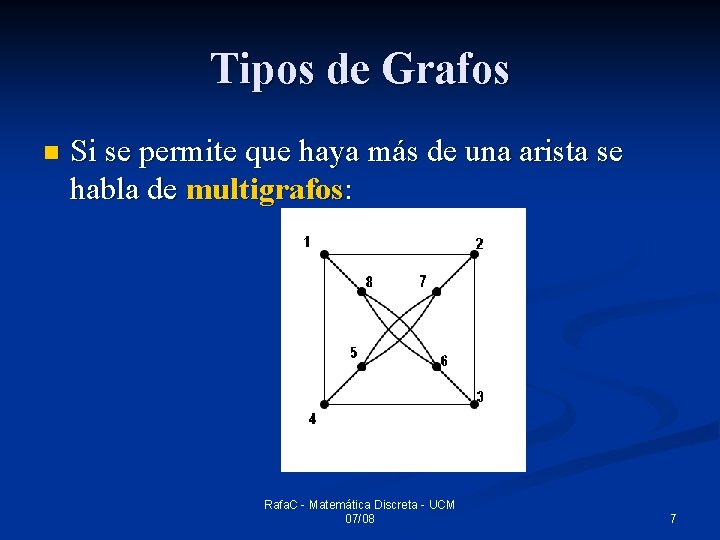 Tipos de Grafos n Si se permite que haya más de una arista se