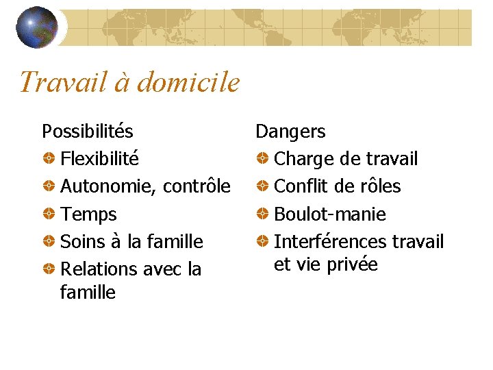 Travail à domicile Possibilités Flexibilité Autonomie, contrôle Temps Soins à la famille Relations avec