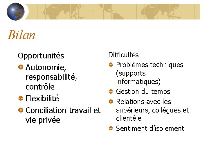 Bilan Difficultés Opportunités Problèmes techniques Autonomie, (supports responsabilité, informatiques) contrôle Gestion du temps Flexibilité