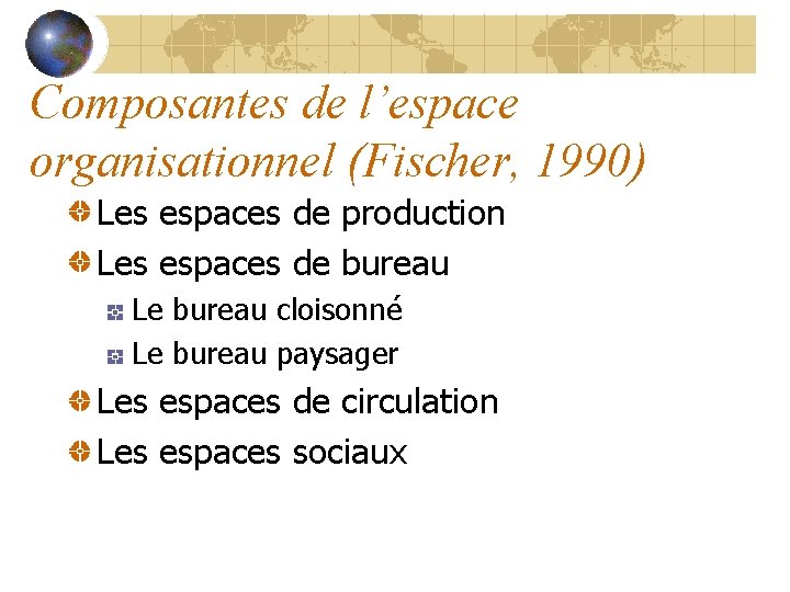 Composantes de l’espace organisationnel (Fischer, 1990) Les espaces de production Les espaces de bureau Composantes de l’espace organisationnel (Fischer, 1990) Les espaces de production Les espaces de bureau