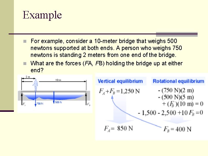 Example n For example, consider a 10 -meter bridge that weighs 500 newtons supported