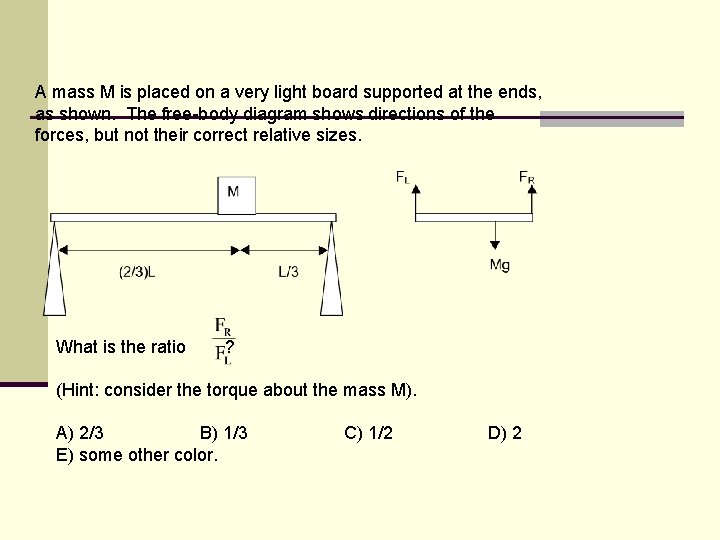 A mass M is placed on a very light board supported at the ends,