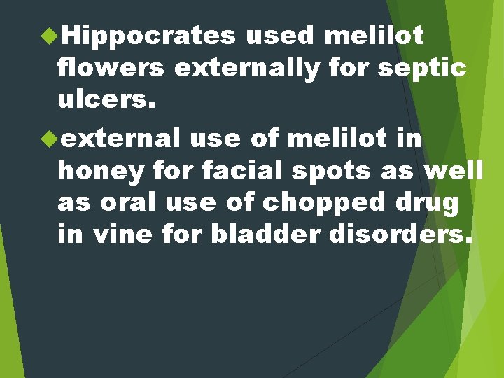  Hippocrates used melilot flowers externally for septic ulcers. external use of melilot in