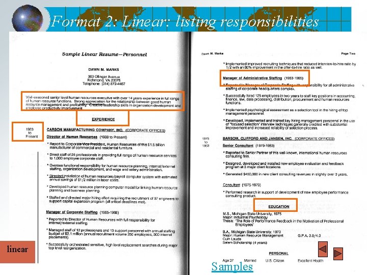 Format 2: Linear: listing responsibilities linear Samples 