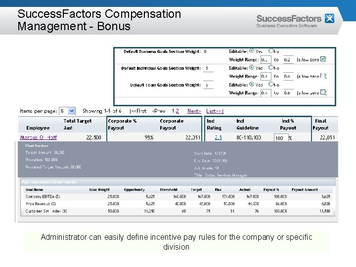 Success. Factors Compensation Management - Bonus Corporate Administrator payout can automatically easily define calculated