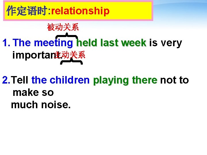 作定语时: relationship 被动关系 1. The meeting held last week is very held last week
