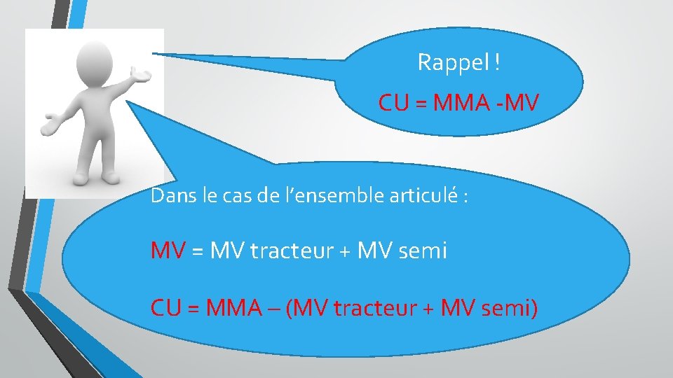 Rappel ! CU = MMA -MV Dans le cas de l’ensemble articulé : MV