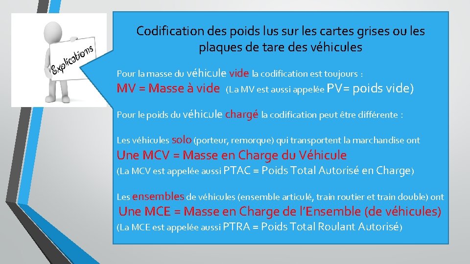 Codification des poids lus sur les cartes grises ou les plaques de tare des