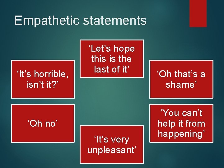 Empathetic statements ‘It’s horrible, isn’t it? ’ ‘Let’s hope this is the last of