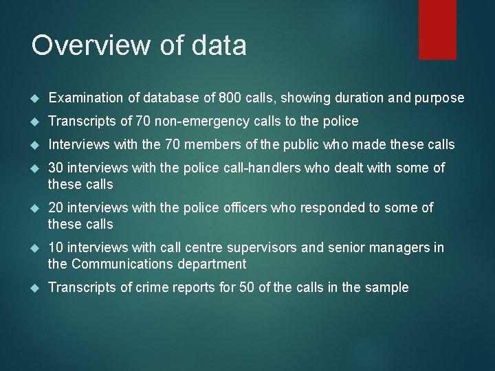 Overview of data Examination of database of 800 calls, showing duration and purpose Transcripts