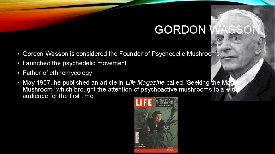 GORDON WASSON • Gordon Wasson is considered the Founder of Psychedelic Mushrooms. • Launched