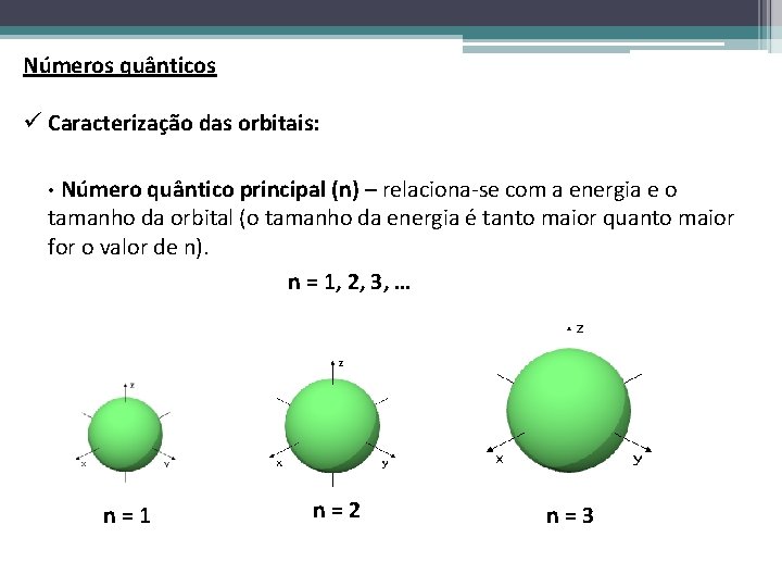Números quânticos ü Caracterização das orbitais: • Número quântico principal (n) – relaciona-se com