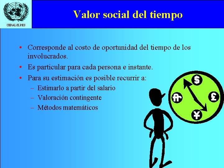 Valor social del tiempo CEPAL/ILPES • Corresponde al costo de oportunidad del tiempo de