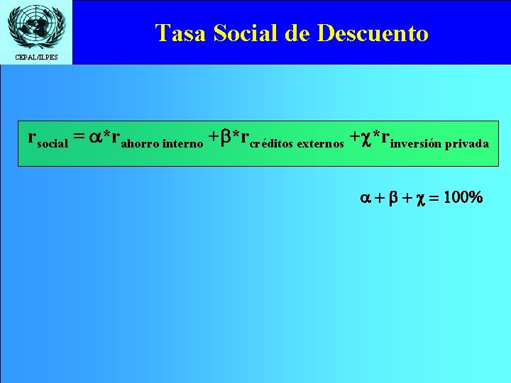 Tasa Social de Descuento CEPAL/ILPES rsocial = a*rahorro interno +b*rcréditos externos +c*rinversión privada a