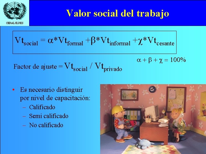 Valor social del trabajo CEPAL/ILPES Vtsocial = a*Vtformal +b*Vtinformal +c*Vtcesante Factor de ajuste =