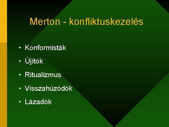 Merton - konfliktuskezelés • Konformisták • Újítók • Ritualizmus • Visszahúzódók • Lázadók 
