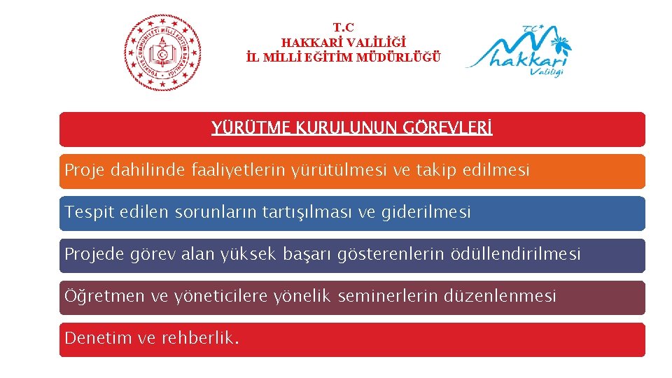 T. C HAKKARİ VALİLİĞİ İL MİLLİ EĞİTİM MÜDÜRLÜĞÜ YÜRÜTME KURULUNUN GÖREVLERİ Proje dahilinde faaliyetlerin