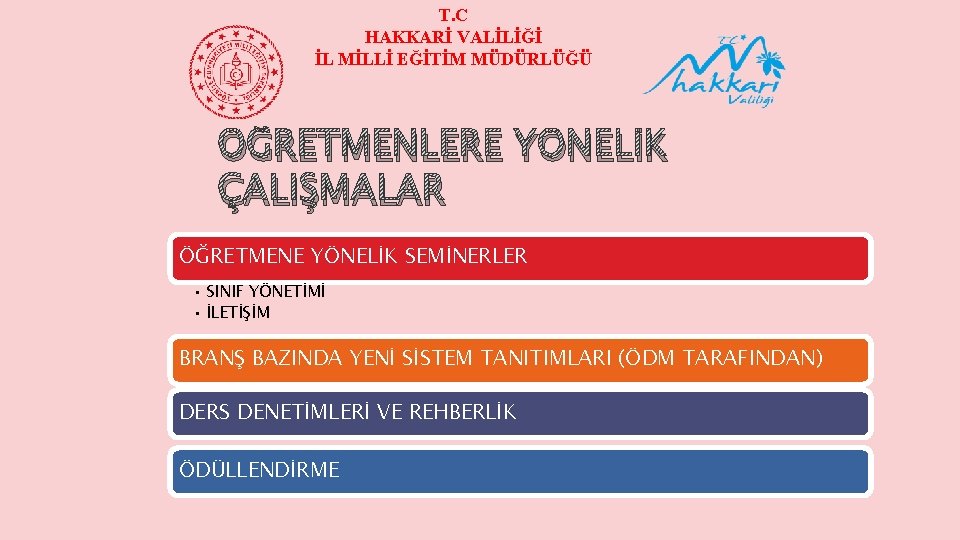 T. C HAKKARİ VALİLİĞİ İL MİLLİ EĞİTİM MÜDÜRLÜĞÜ ÖĞRETMENLERE YÖNELİK ÇALIŞMALAR ÖĞRETMENE YÖNELİK SEMİNERLER