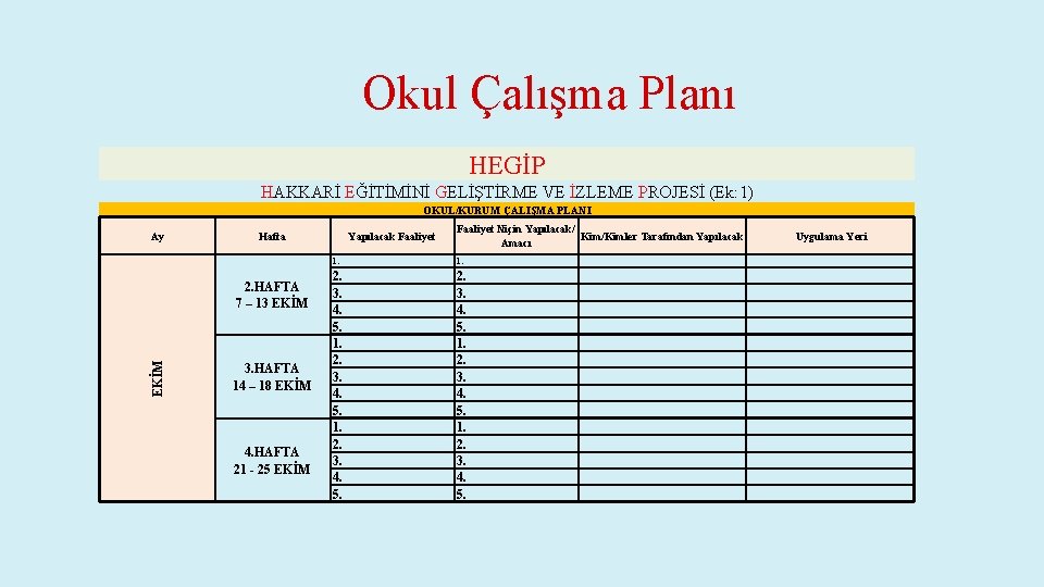 Okul Çalışma Planı HEGİP HAKKARİ EĞİTİMİNİ GELİŞTİRME VE İZLEME PROJESİ (Ek: 1) OKUL/KURUM ÇALIŞMA