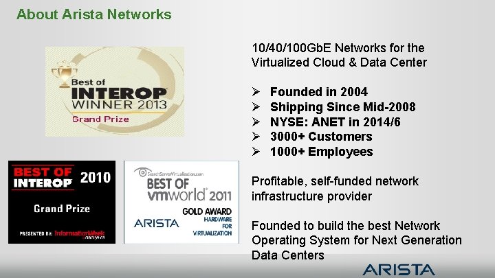 About Arista Networks 10/40/100 Gb. E Networks for the Virtualized Cloud & Data Center