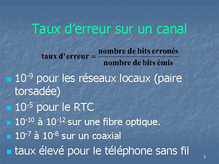 Taux d’erreur sur un canal 10 -9 pour les réseaux locaux (paire torsadée) n