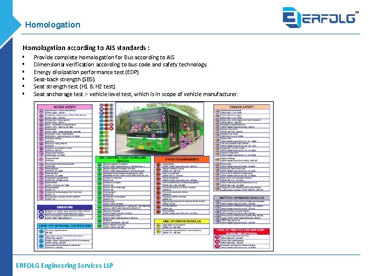 Homologation according to AIS standards : § § § Provide complete homologation for Bus