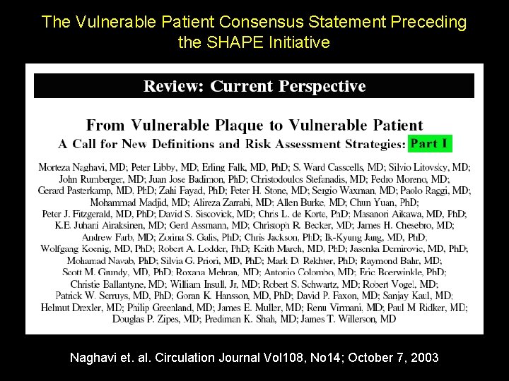 The Vulnerable Patient Consensus Statement Preceding the SHAPE Initiative Naghavi et. al. Circulation Journal