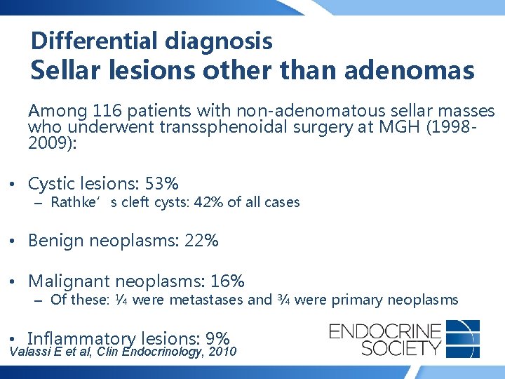 Differential diagnosis Sellar lesions other than adenomas Among 116 patients with non-adenomatous sellar masses