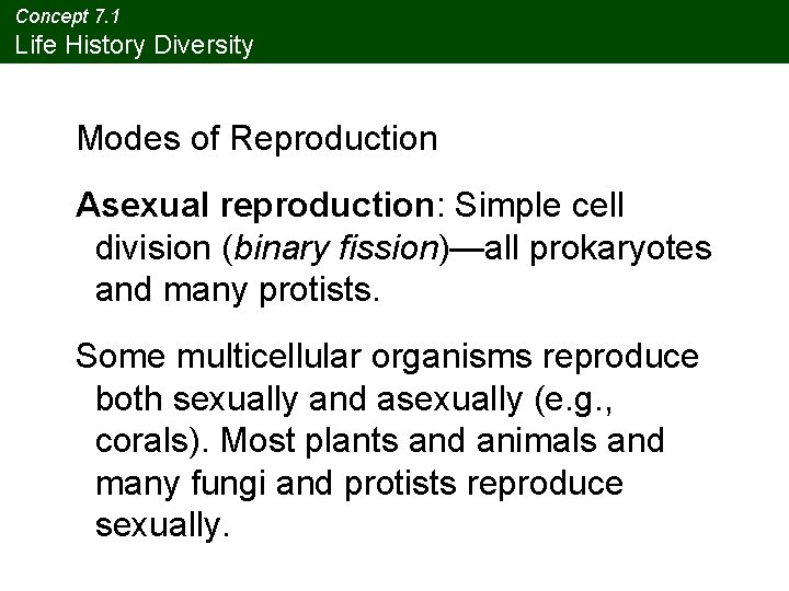 Concept 7. 1 Life History Diversity Modes of Reproduction Asexual reproduction: Simple cell division