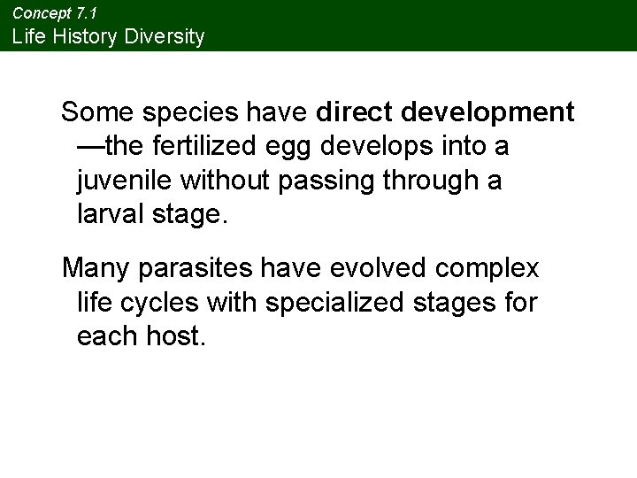 Concept 7. 1 Life History Diversity Some species have direct development —the fertilized egg
