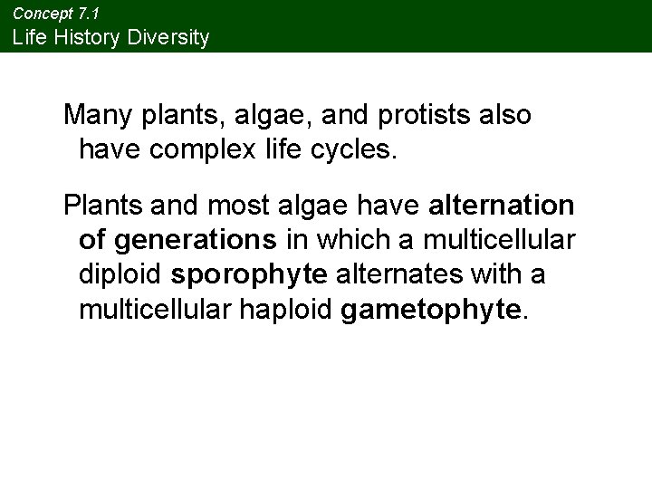Concept 7. 1 Life History Diversity Many plants, algae, and protists also have complex Concept 7. 1 Life History Diversity Many plants, algae, and protists also have complex