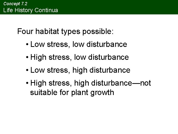 Concept 7. 2 Life History Continua Four habitat types possible: • Low stress, low