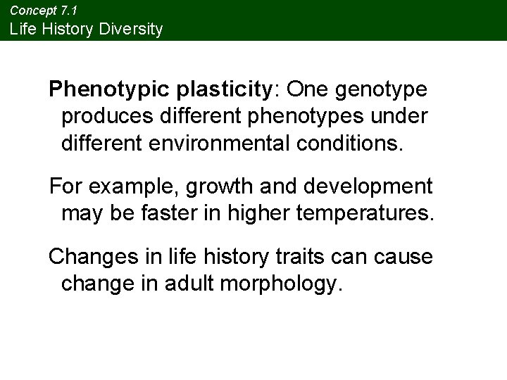 Concept 7. 1 Life History Diversity Phenotypic plasticity: One genotype produces different phenotypes under