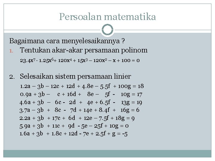 Persoalan matematika Bagaimana cara menyelesaikannya ? 1. Tentukan akar-akar persamaan polinom 23. 4 x