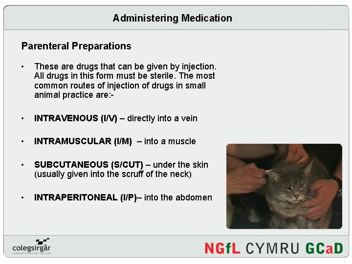 Administering Medication Parenteral Preparations • These are drugs that can be given by injection.