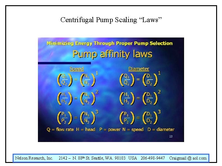 Centrifugal Pump Scaling “Laws” Nelson Research, Inc. 2142 – N. 88 th St. Seattle,