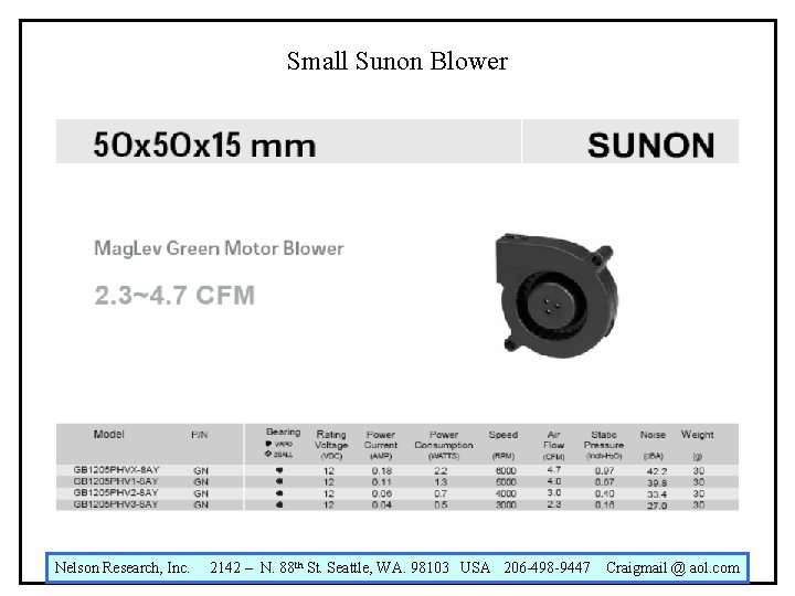 Small Sunon Blower Nelson Research, Inc. 2142 – N. 88 th St. Seattle, WA.