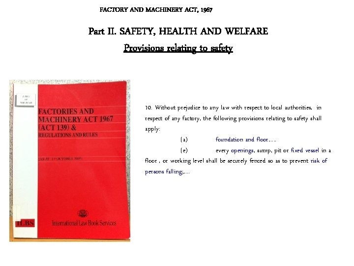 FACTORY AND MACHINERY ACT, 1967 Part II. SAFETY, HEALTH AND WELFARE Provisions relating to FACTORY AND MACHINERY ACT, 1967 Part II. SAFETY, HEALTH AND WELFARE Provisions relating to