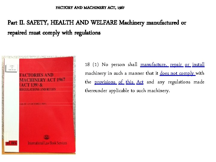 FACTORY AND MACHINERY ACT, 1967 Part II. SAFETY, HEALTH AND WELFARE Machinery manufactured or FACTORY AND MACHINERY ACT, 1967 Part II. SAFETY, HEALTH AND WELFARE Machinery manufactured or