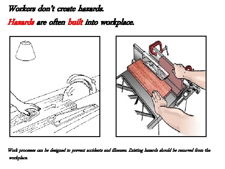Workers don’t create hazards. Hazards are often built into workplace. Work processes can be Workers don’t create hazards. Hazards are often built into workplace. Work processes can be