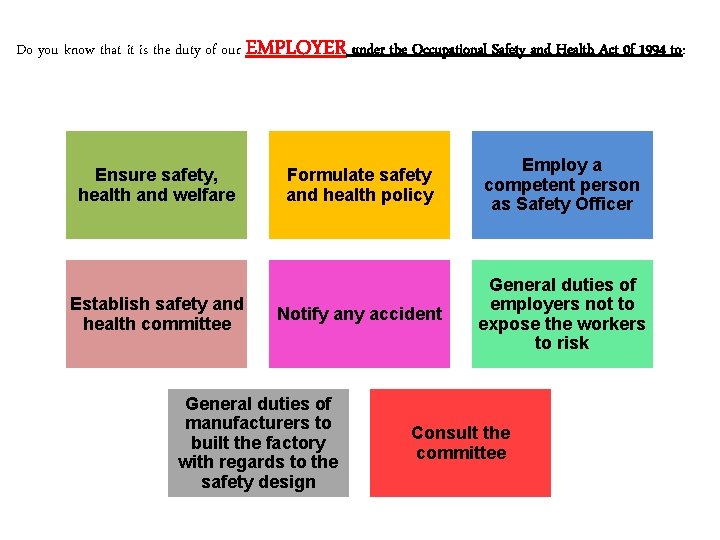 Do you know that it is the duty of our EMPLOYER under the Occupational Do you know that it is the duty of our EMPLOYER under the Occupational